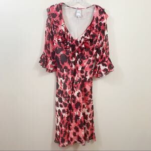 Yoana Baraschi Silk Ruffle V-Neck Red/Black Midi Dress
